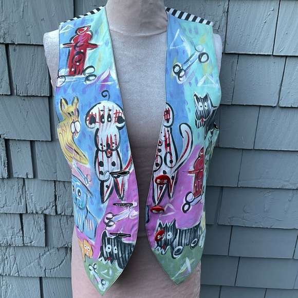 Vintage Jackets & Blazers - Encore Silkscapes Vintage colorful hand painted dog vest Medium
